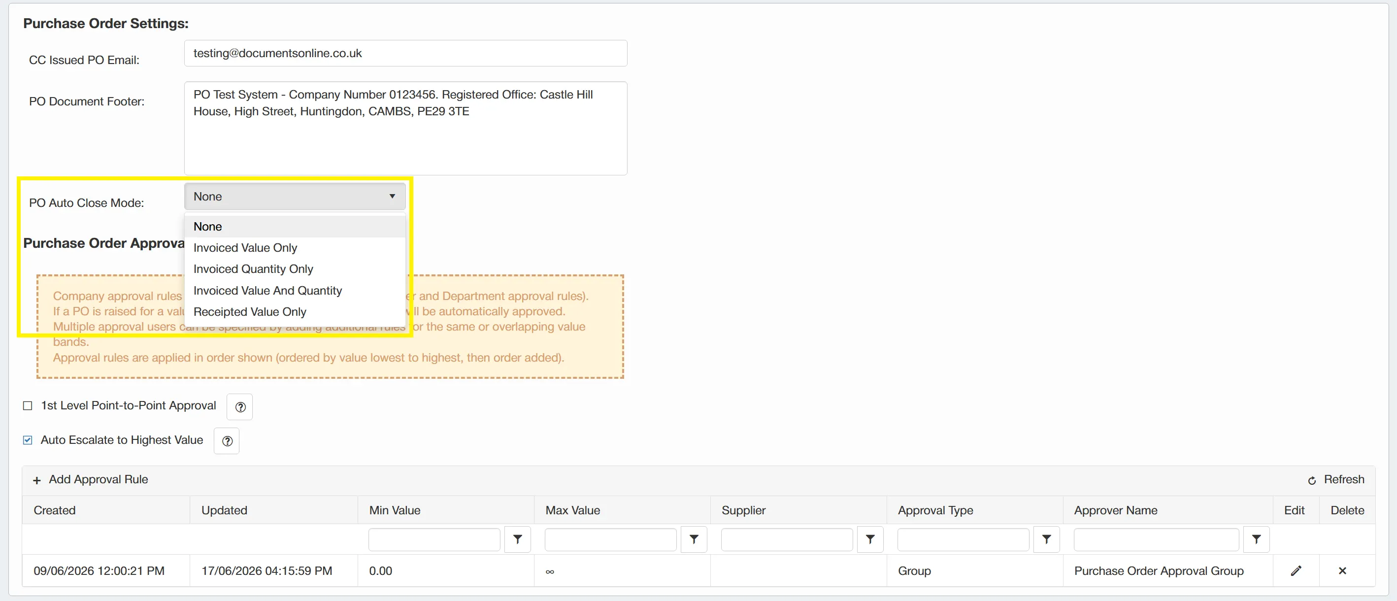 The PO Auto Close field dictates when the purchase order will automatically be closed.