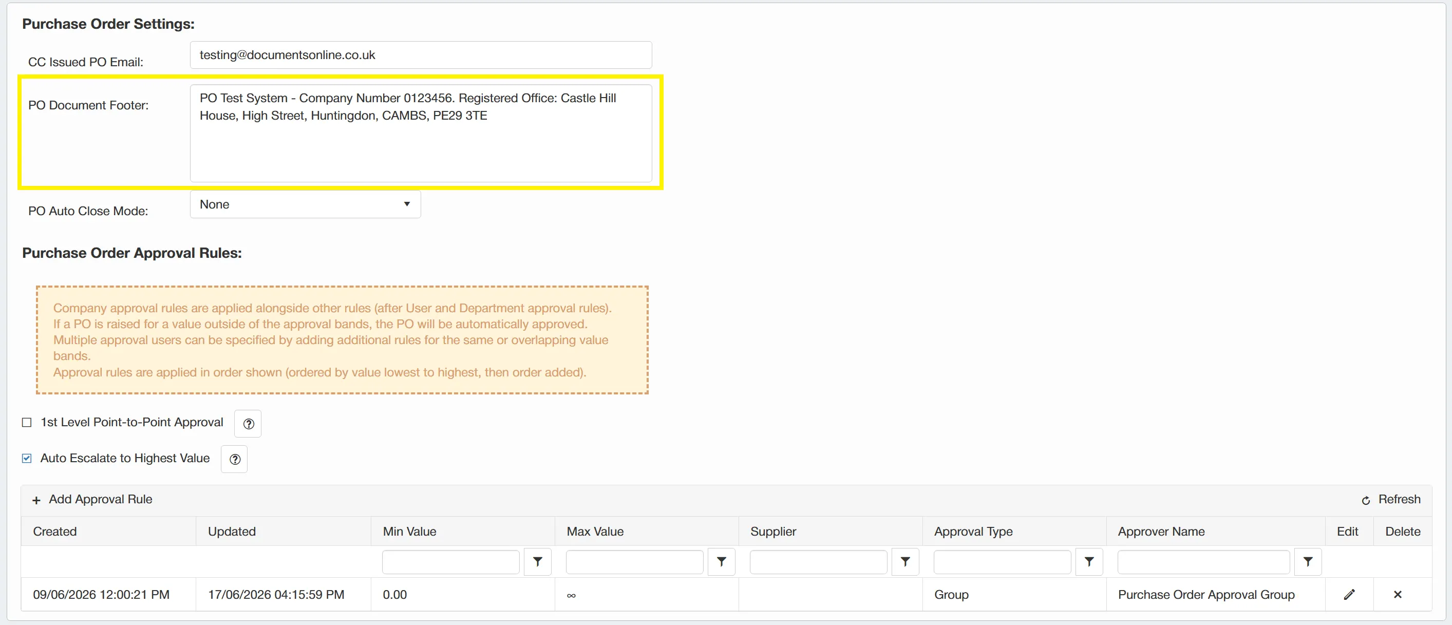 The footer found at the bottom of the PO document can be edited as required.