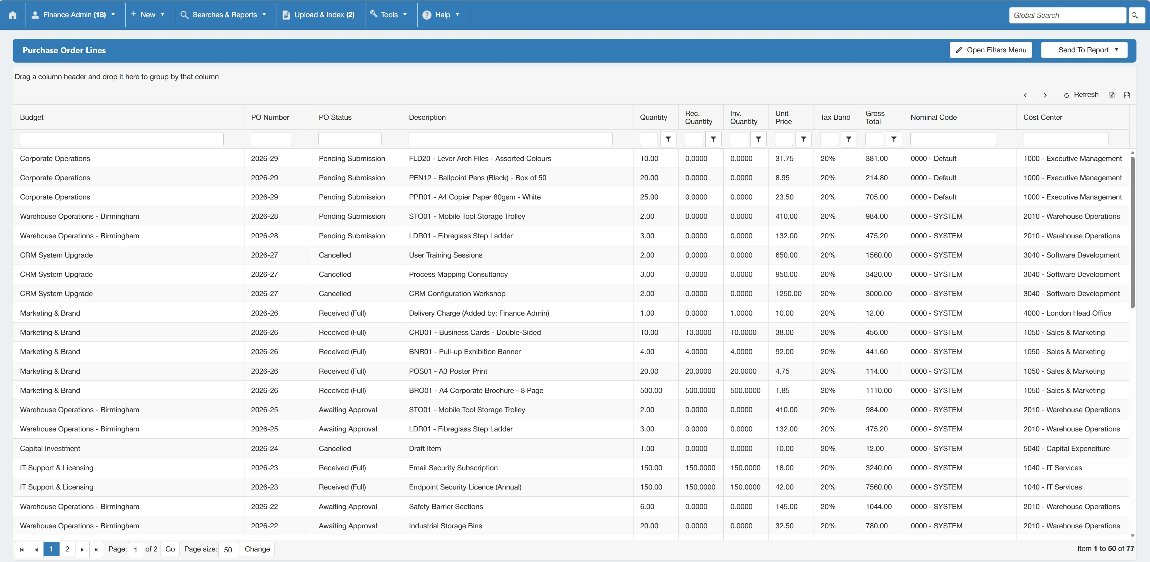Purchase order line search results are displayed in a grid with several columns.