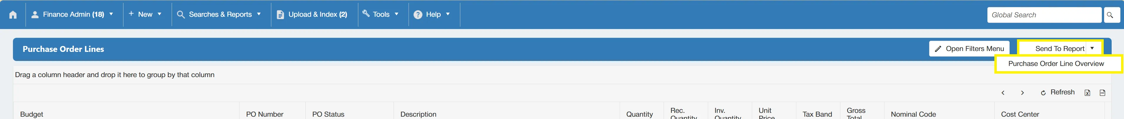 Users can send the PO Lines search results to a report.