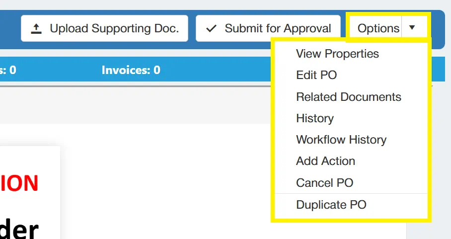 Several options are available prior to submitting the purchase order for approval.