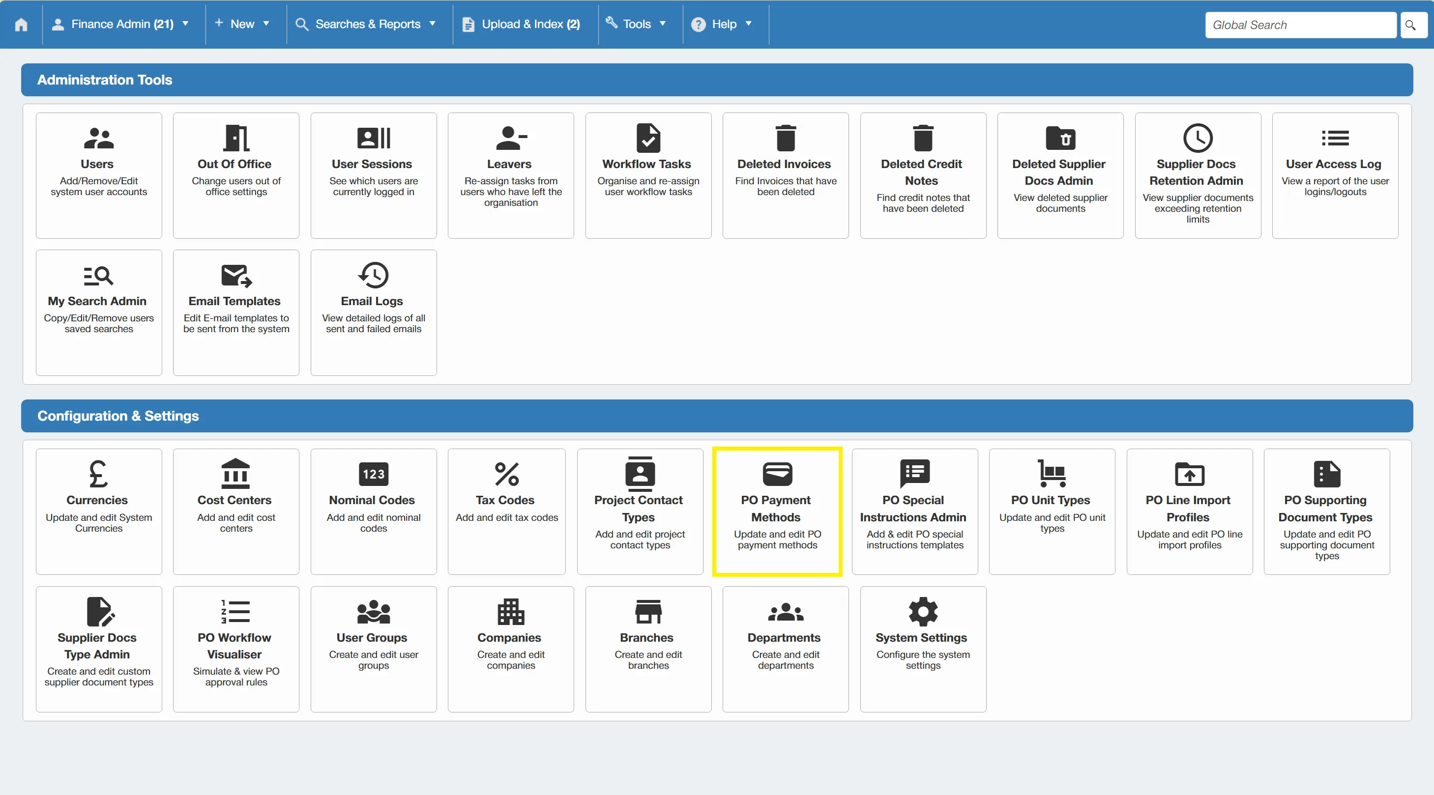 PO Payment methods can be selected when creating a new PO, from here you can administer them.