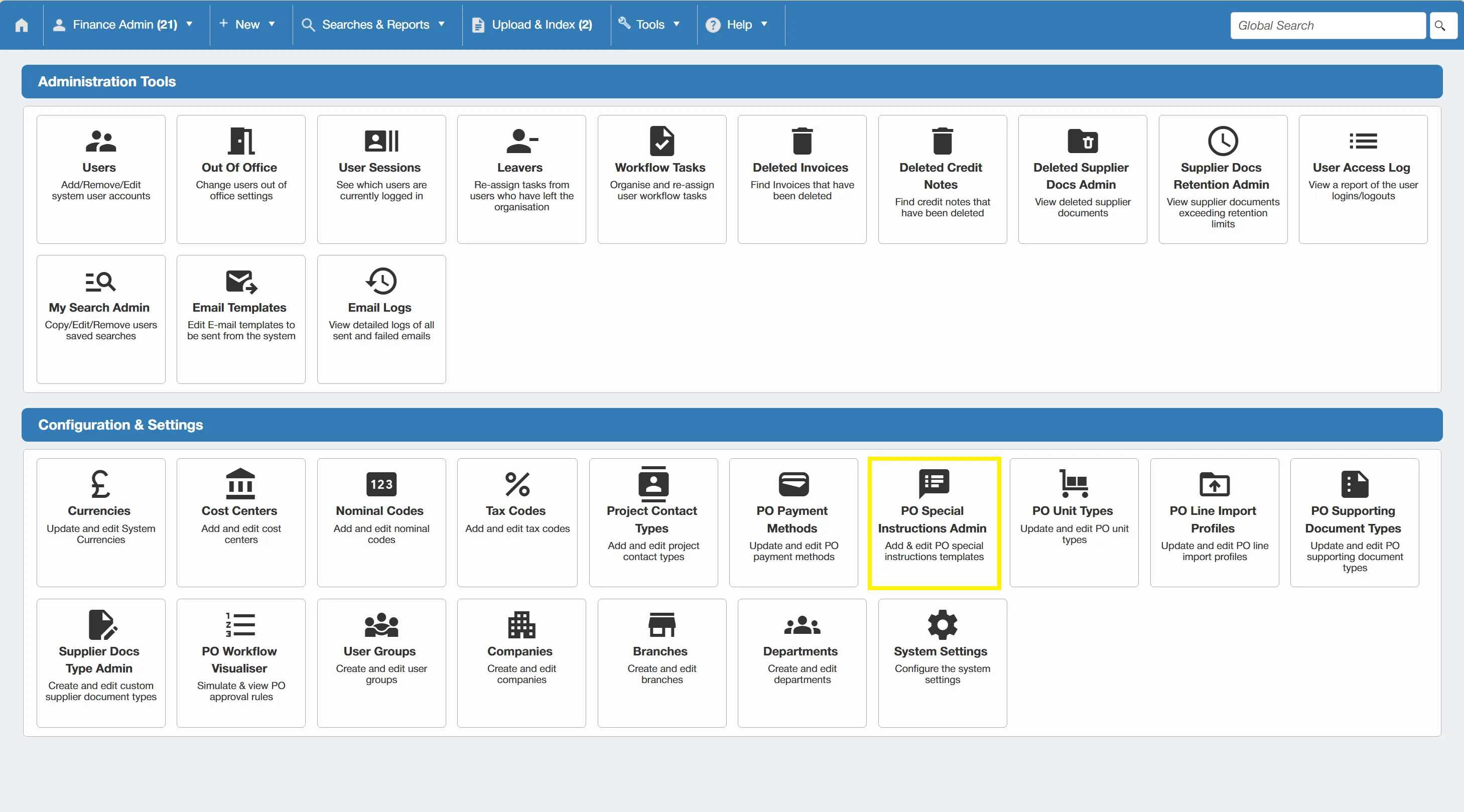 PO Special Instruction Templates can be selected when creating a new PO, from here you can administer them.