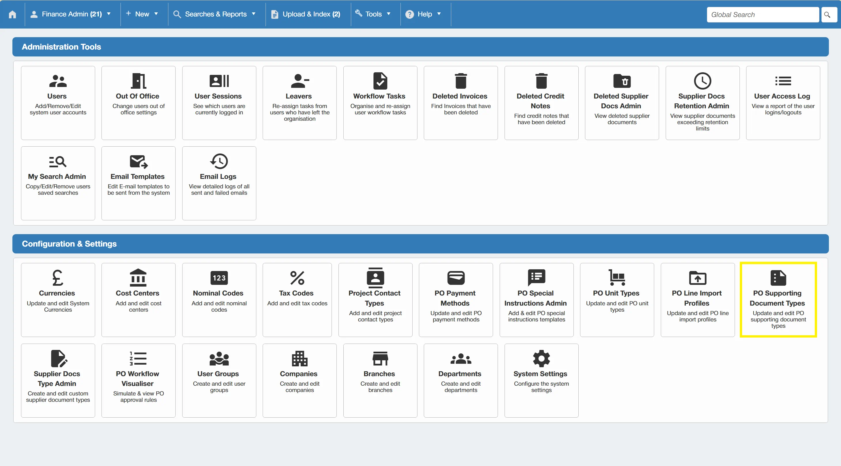 PO Supporting Document Types dictate which types of supporting documents can be attached to a PO.