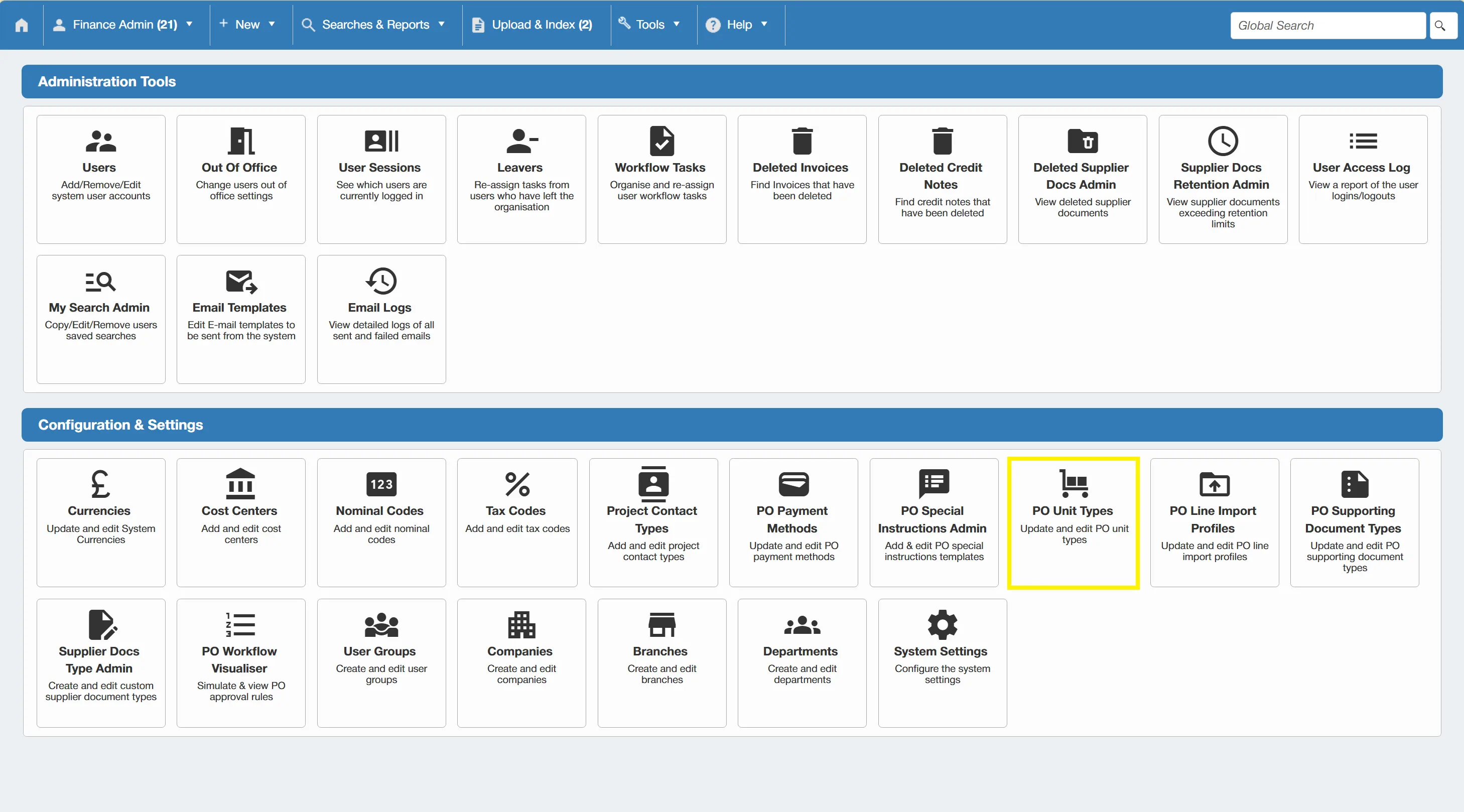 PO unit types are selectable when adding items to a purchase order, from here you can administer these.