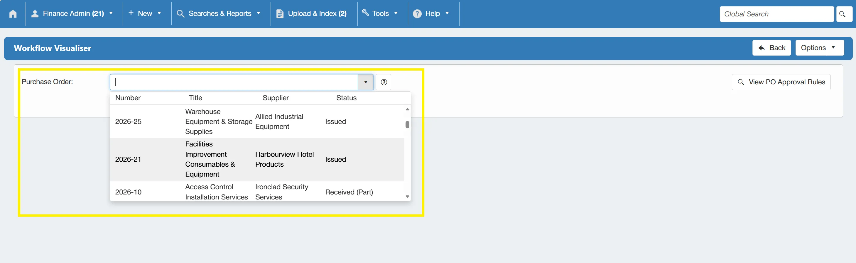 Users can select a previously submitted PO to view the approval details.