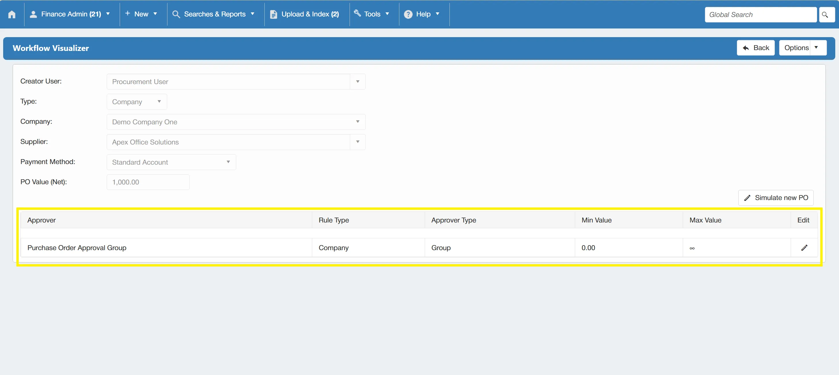 The grid shows key information relating to the approval.