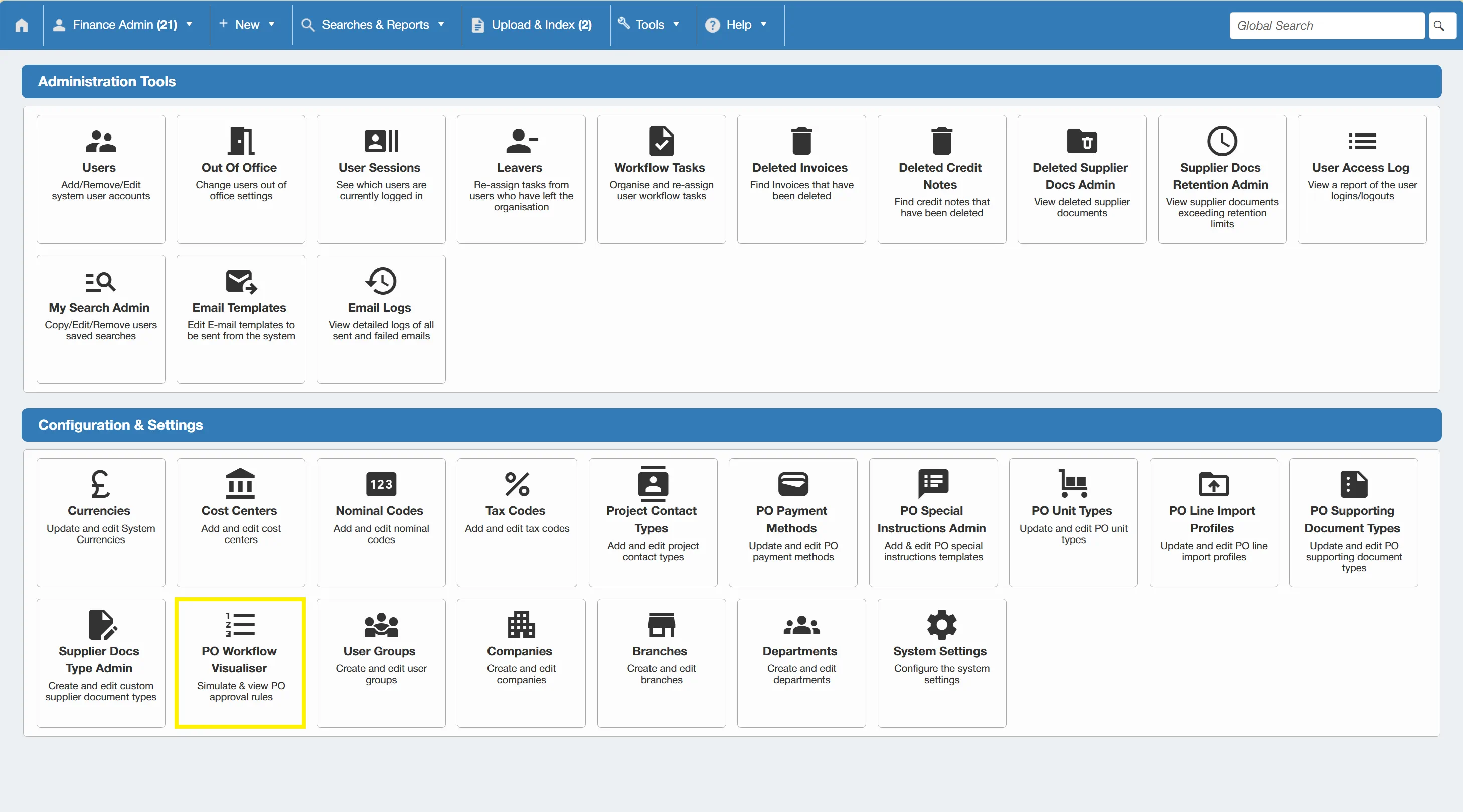 Admin users have access to the PO Workflow Visualiser to help assess approval scenarios.