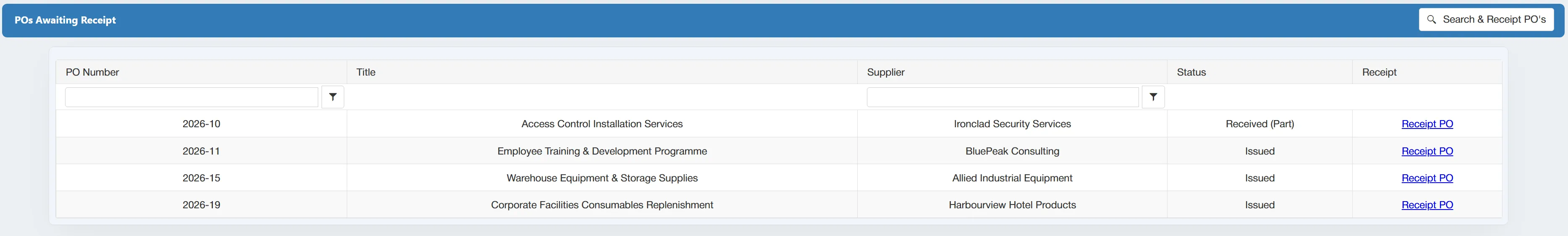 You can receive goods against purchase orders from the dashboard within your PO system.