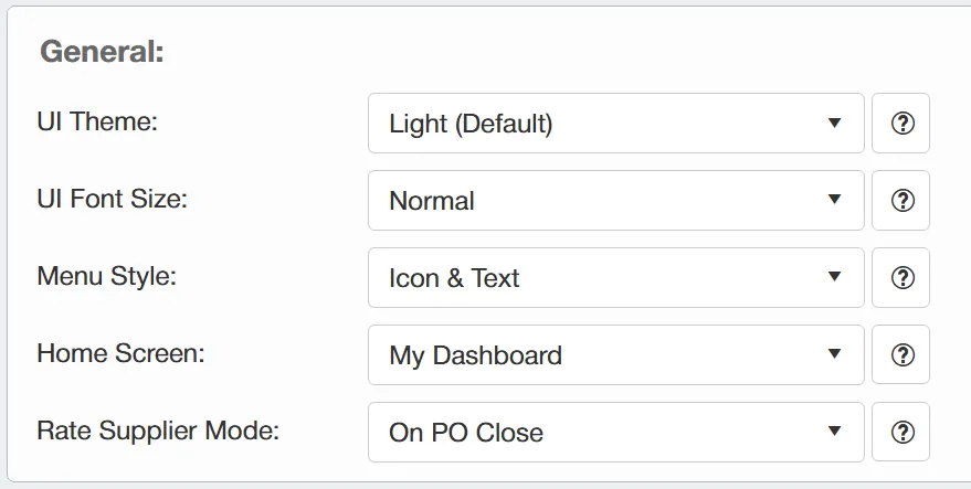 General preferences allow users to edit parts of the visual user interface on the purchase order system.