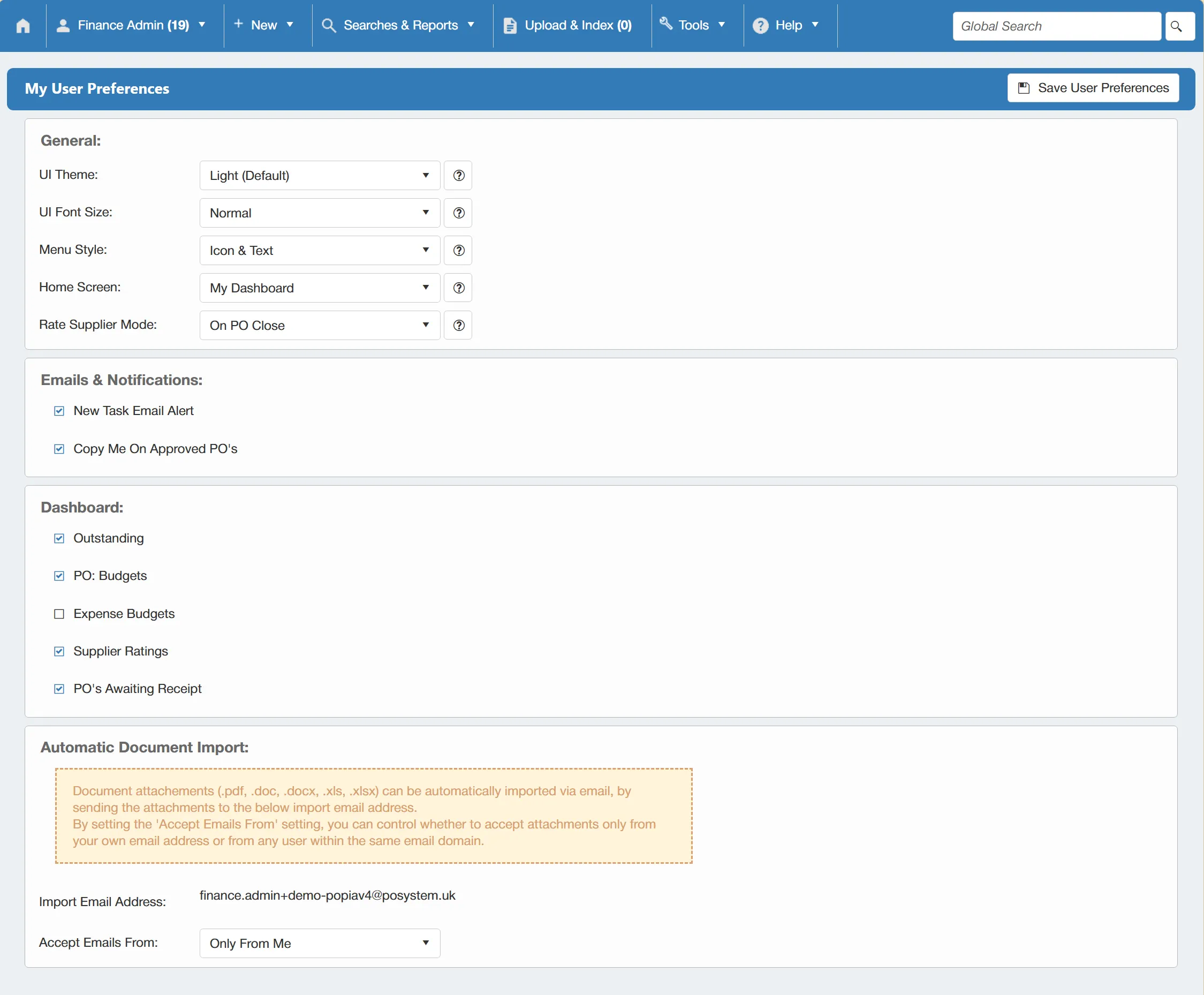 Preferences allow users to customise their experience within the purchase order system.