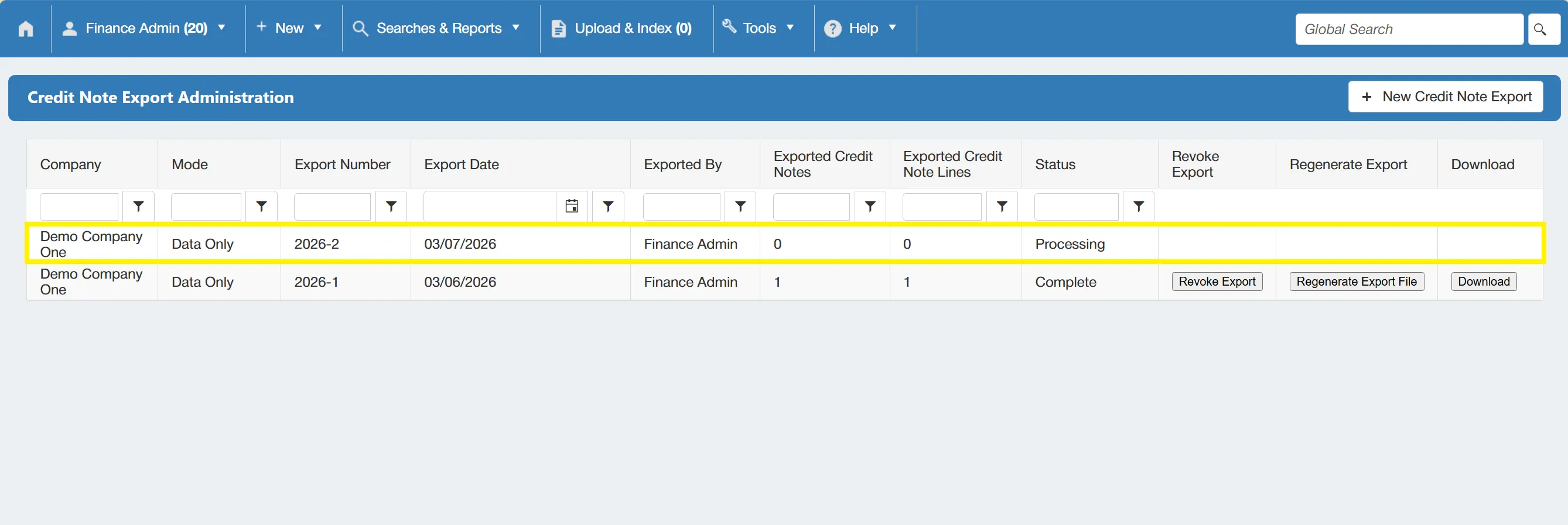 The grid will now include a new line with a status of processing.