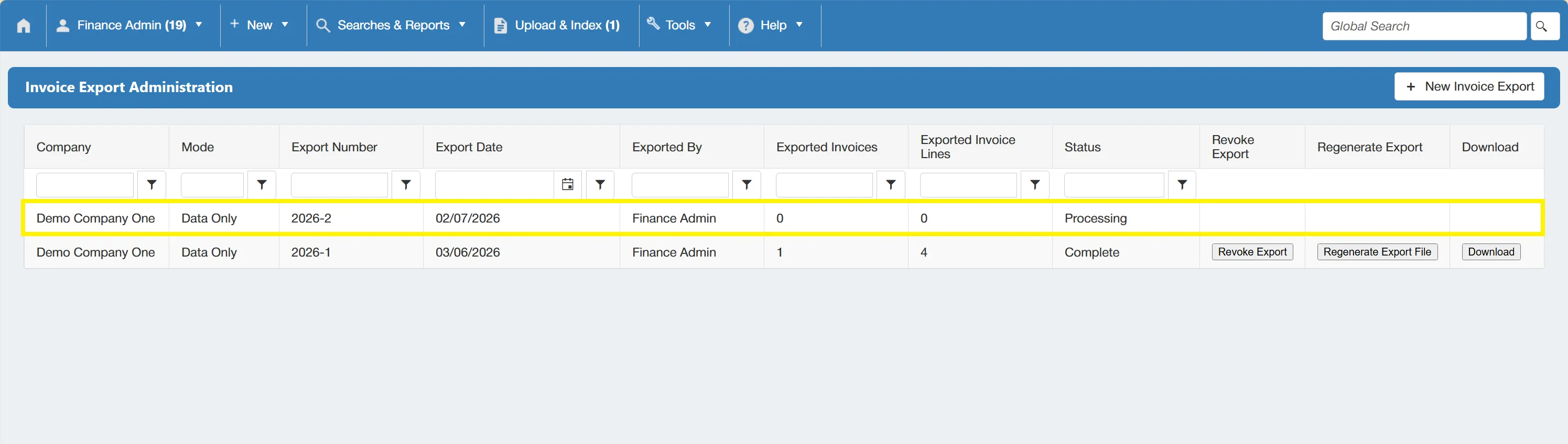 Export in Progress The grid will now include a new line with a status of processing.