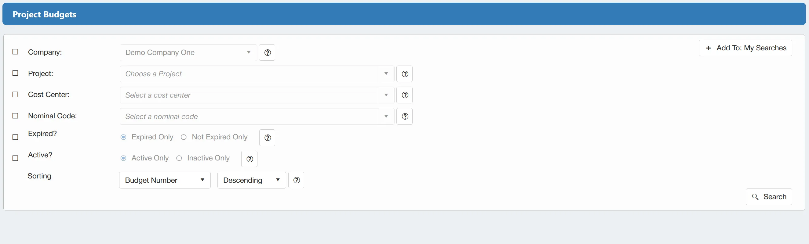 The project budgets search has several filters available, allowing for more precise search results.