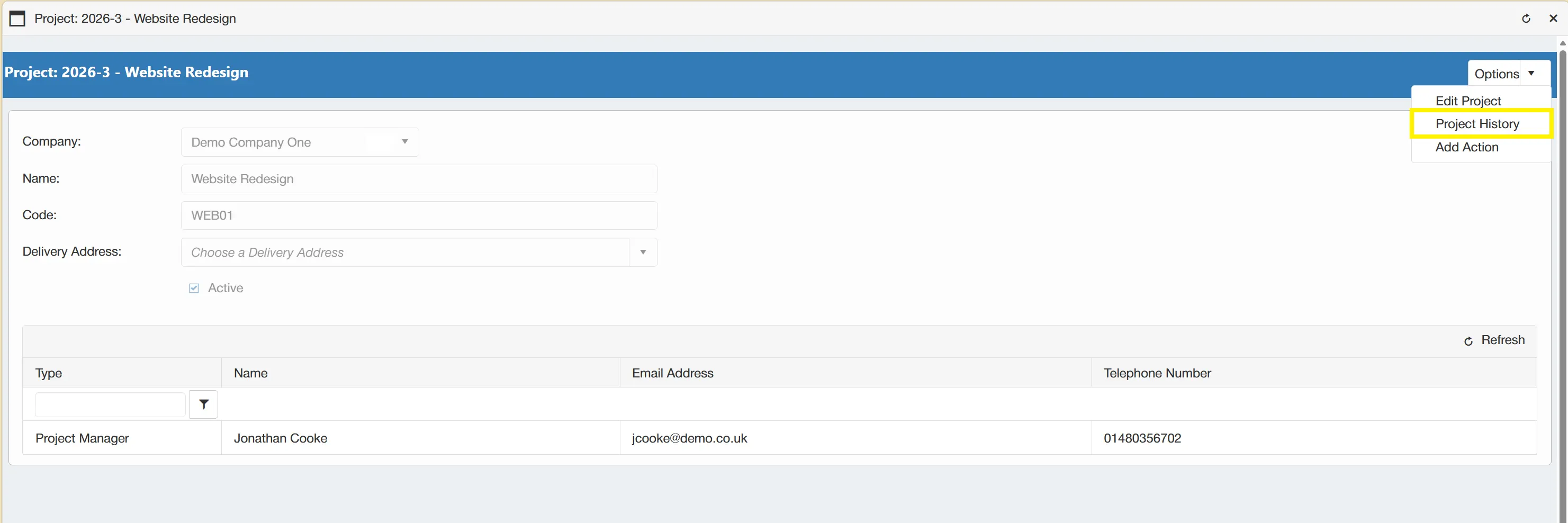 Select the Project History button from the Options drop down menu.
