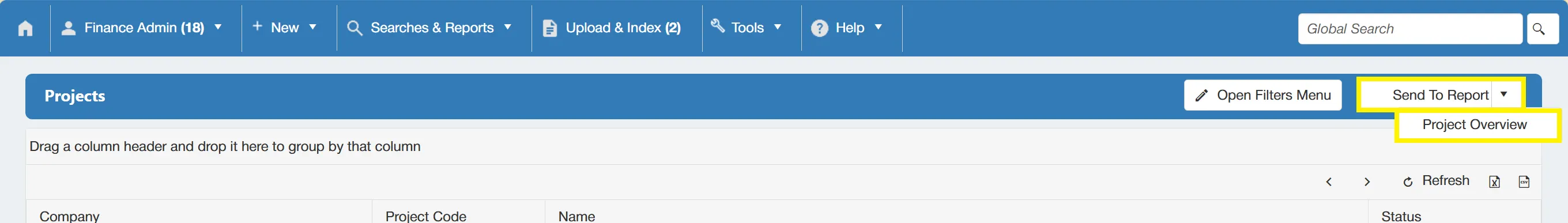 The Project Overview button allows users to send the search results to a report.