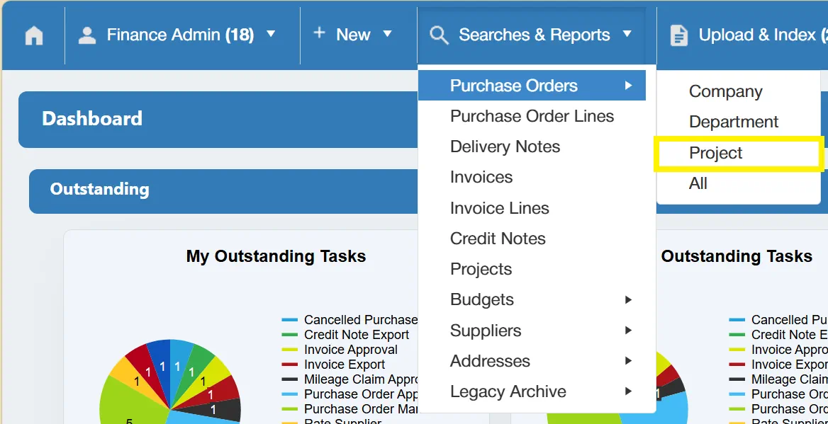Carry out searches for project level purchase orders within the PO software.