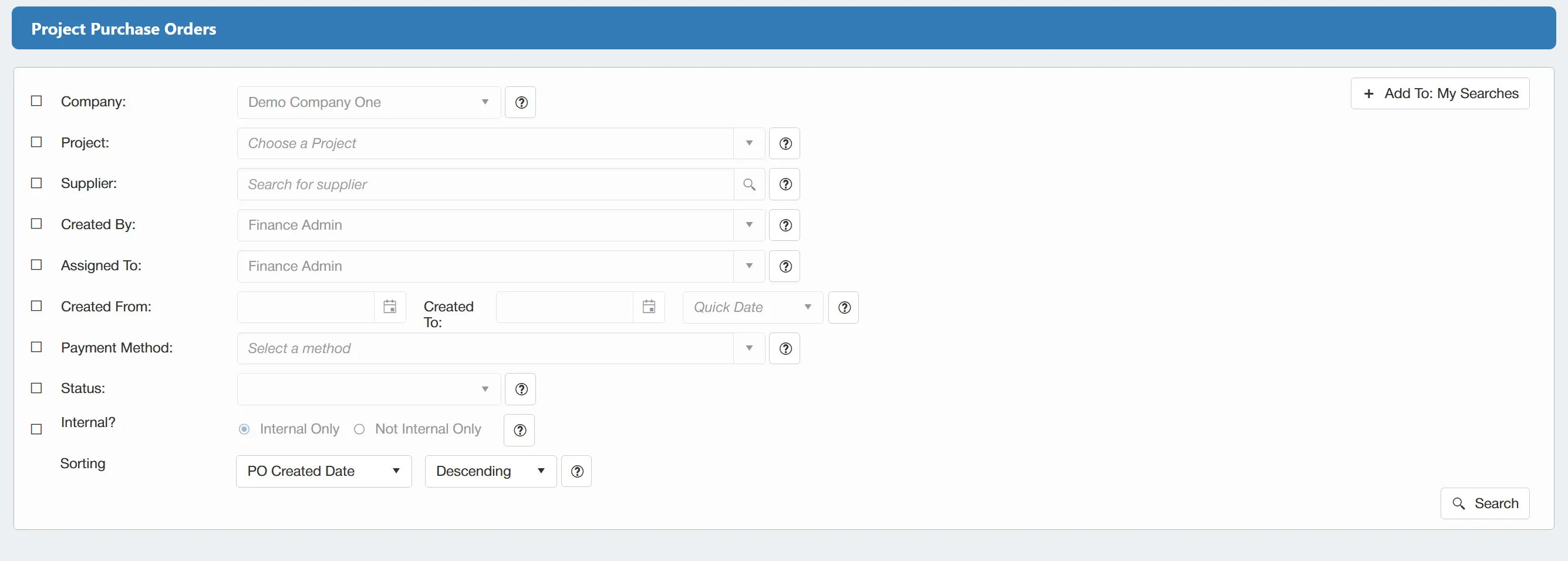 There are a number of filters available for the project level purchase order search.