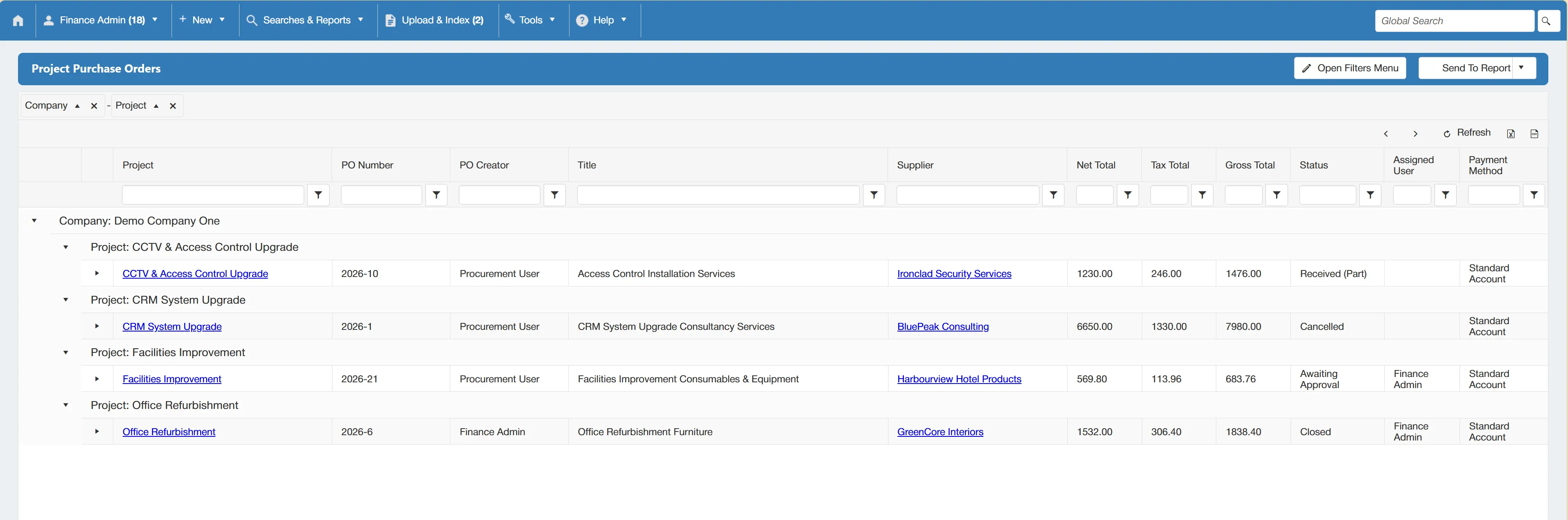 Project purchase order search results are displayed in a grid with various columns.