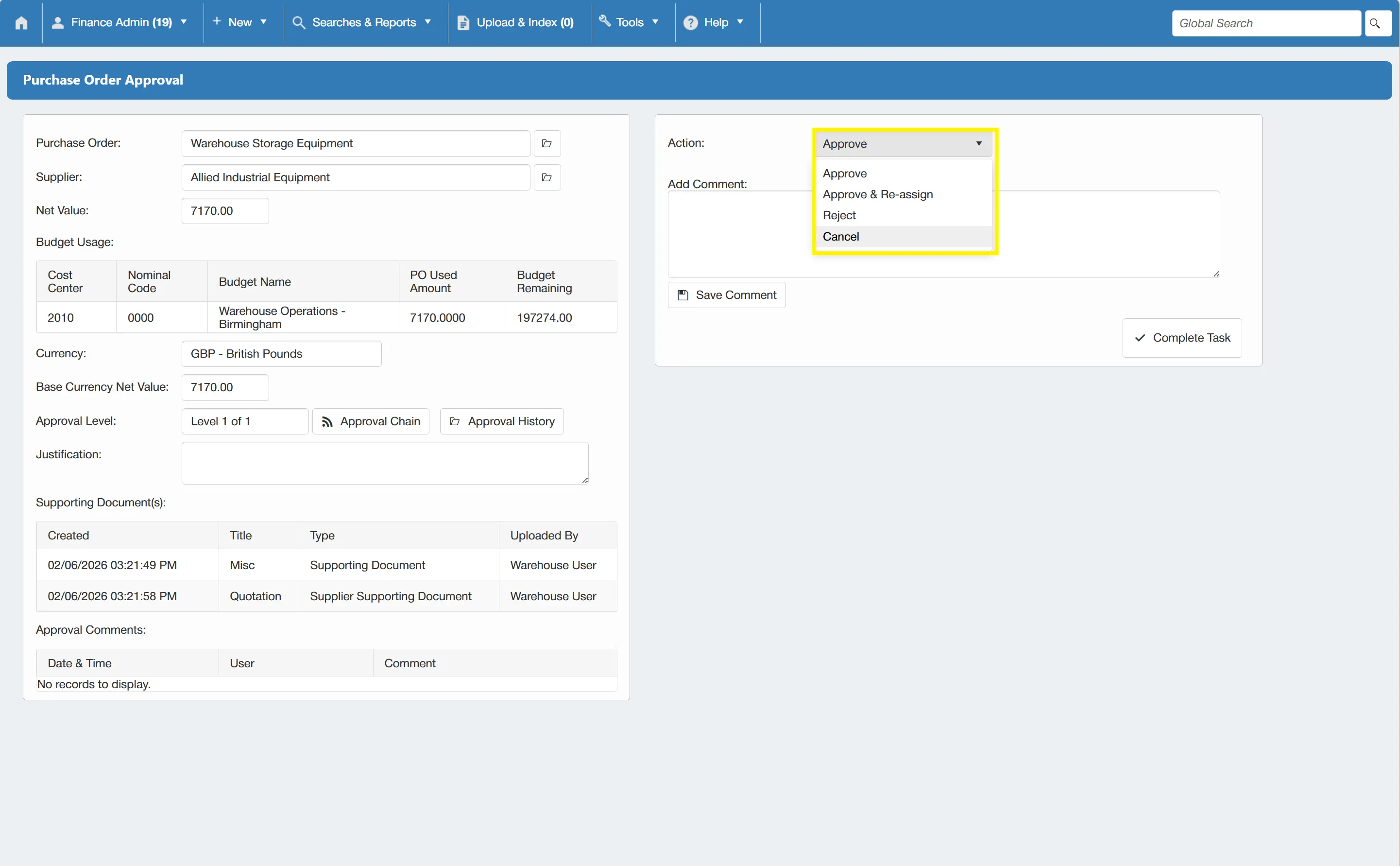 Approvers can select an appropriate action when carrying out a purchase order approval task.