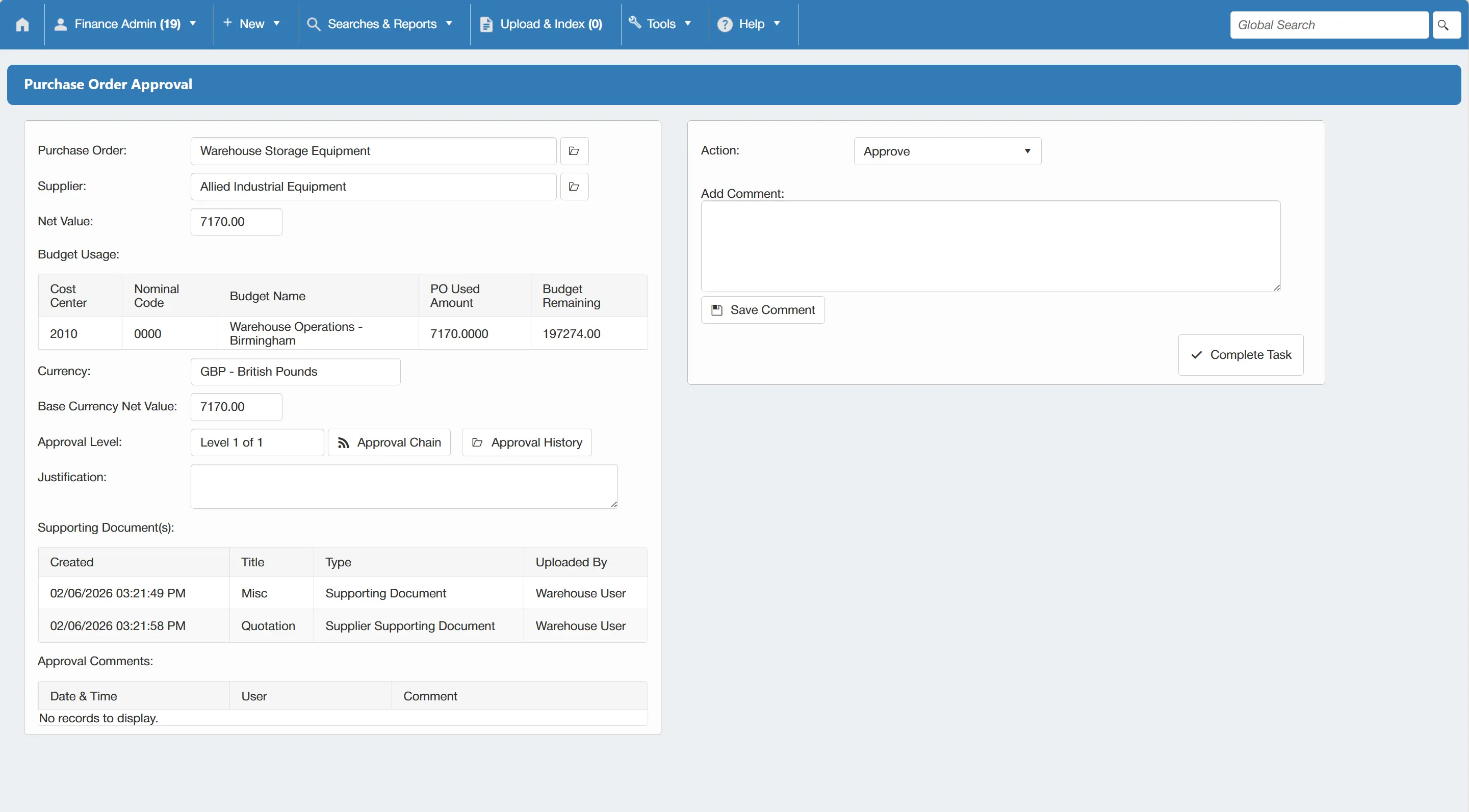 The purchase order approval task allows approvers to review the details before carrying out an action.