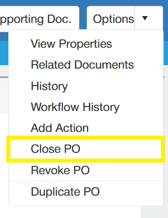 This function allows users to manually close a purchase order.