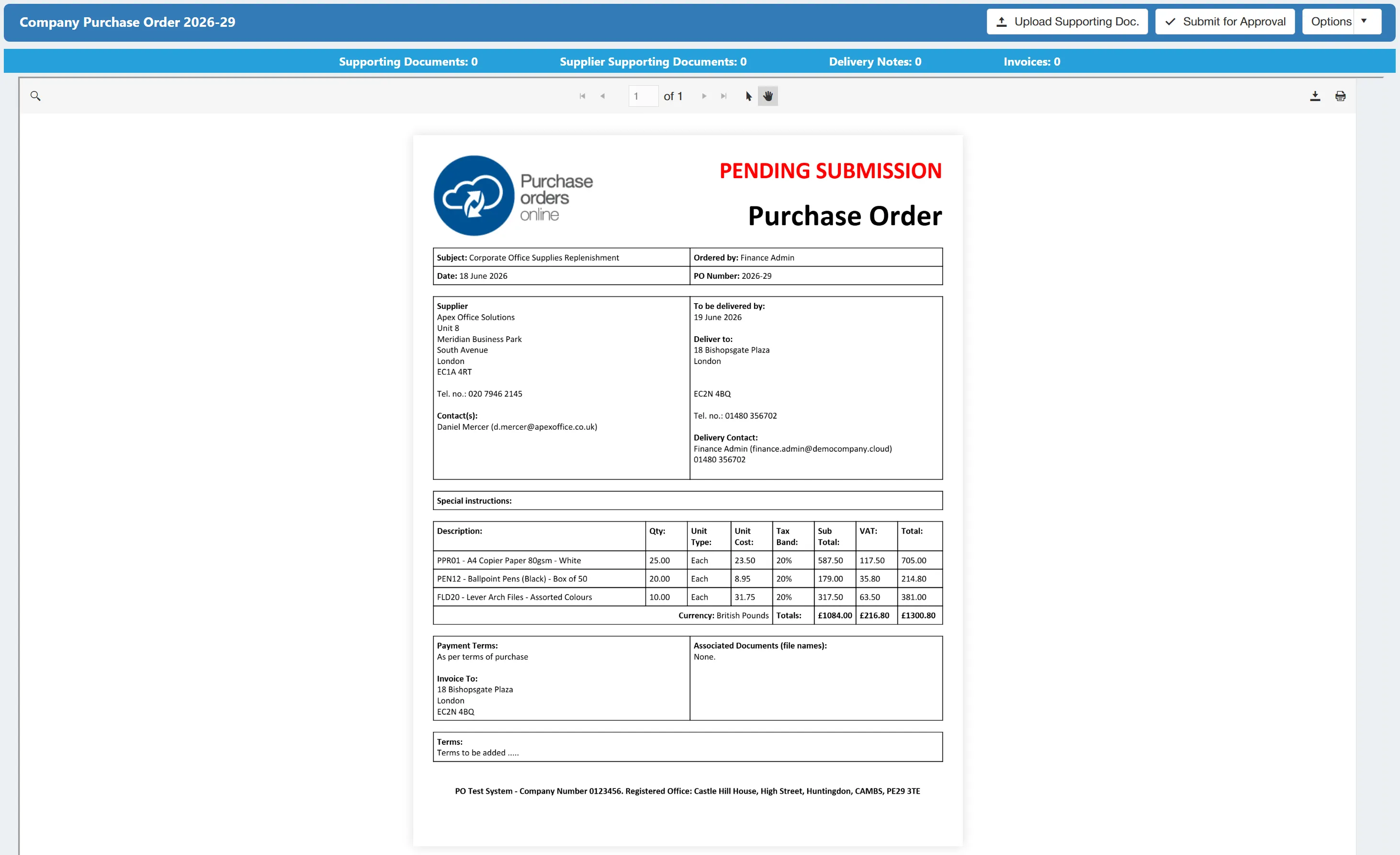 The system will create a purchase order document based on the information you have provided.