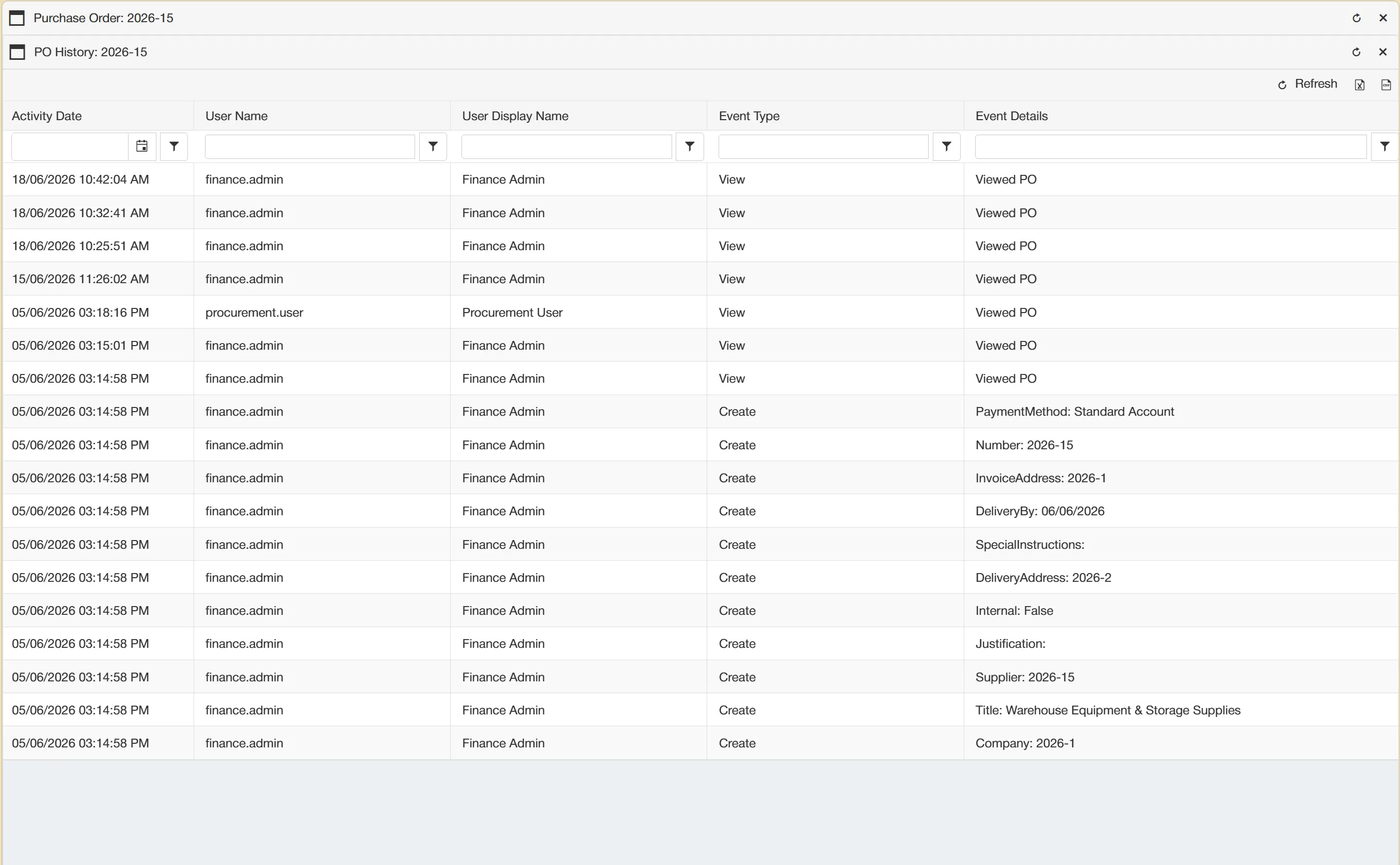 Historical activity is displayed in a clear grid with key information.