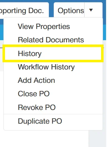 The system logs purchase order activity within History.