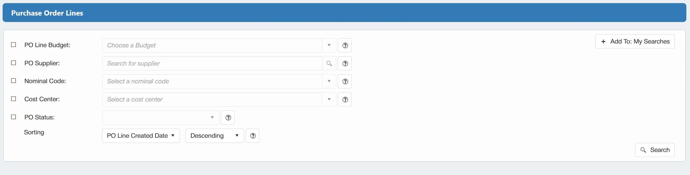 Purchase order line searches can be filtered using several parameters.