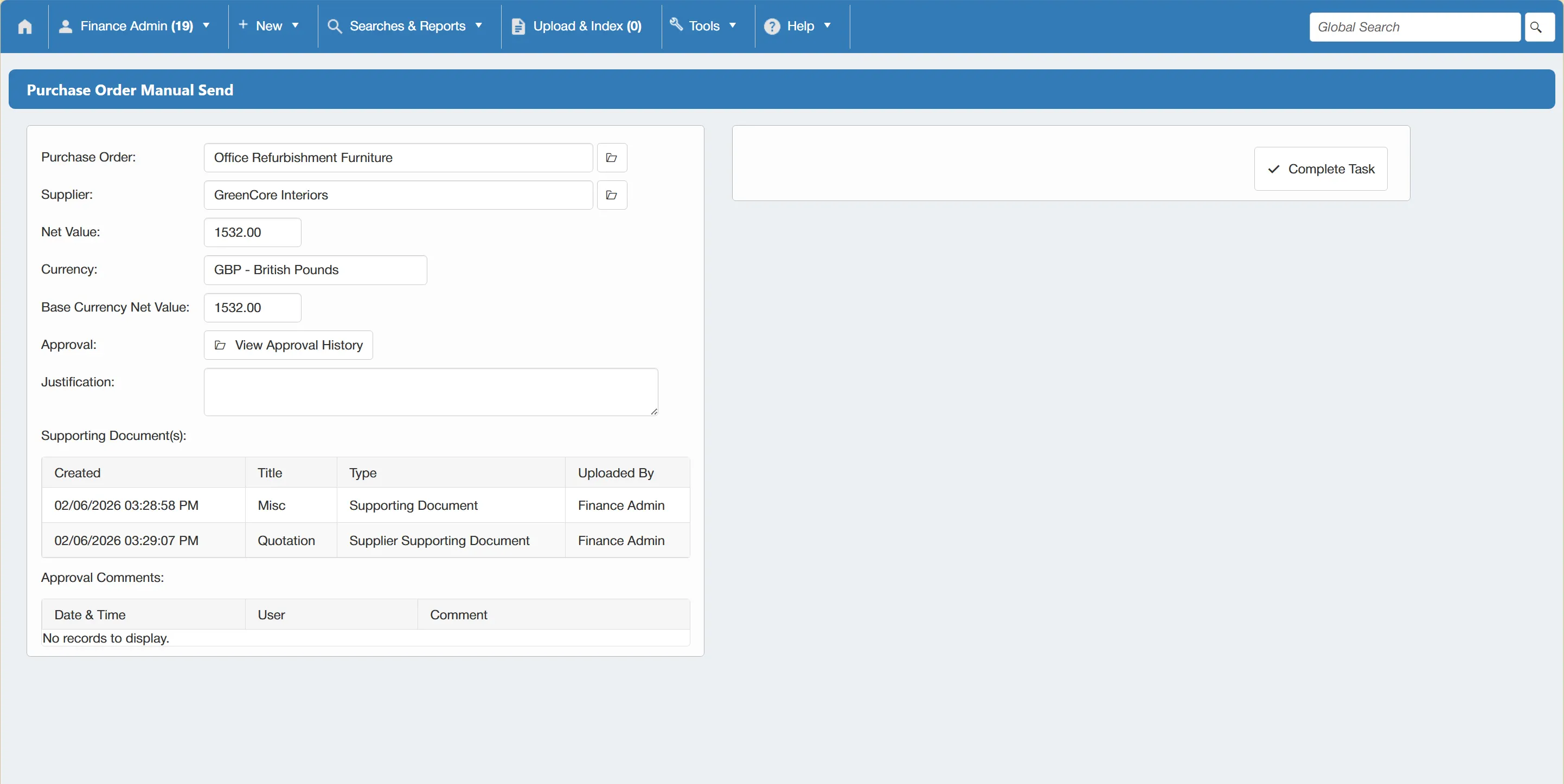 When a purchase order cannot be sent directly to a supplier, the PO creator will receive a Manual Send task.