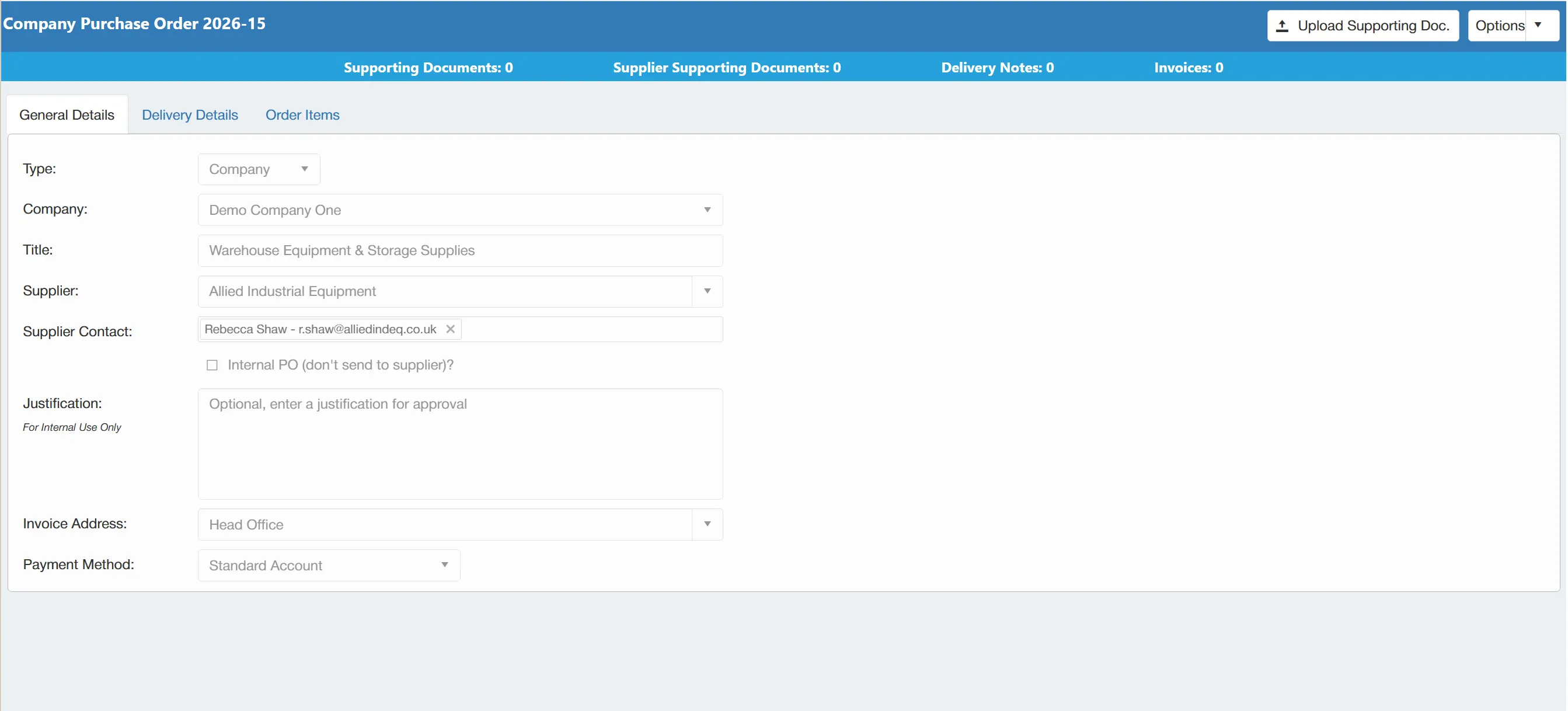 The purchase order properties are displayed in a read-only state.