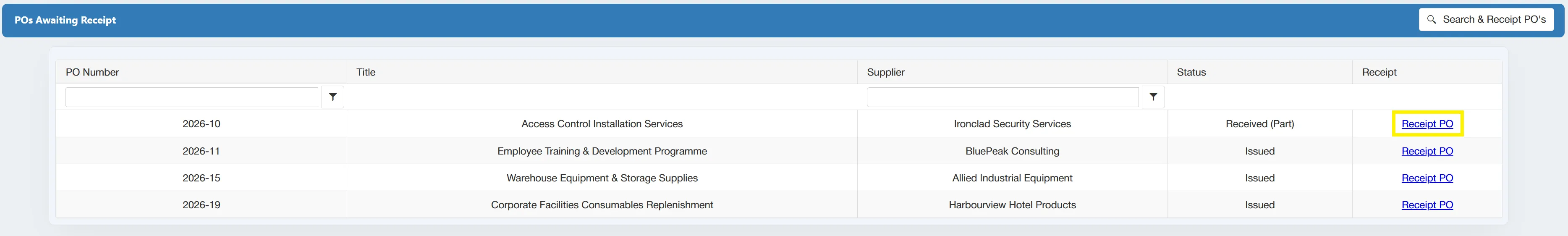 Users can receive goods against purchase orders directly from the dashboard grid.