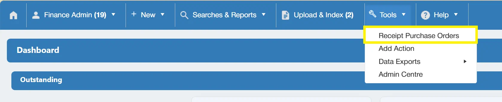 Users can also access the goods receipting module via the Tools menu.