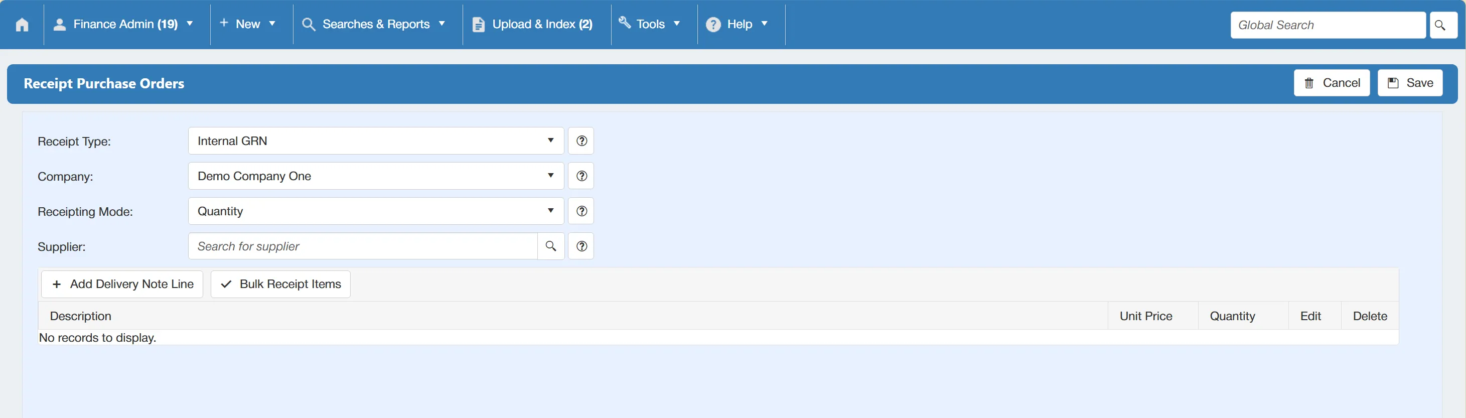 Populate the required fields to receipt goods against the purchase order.