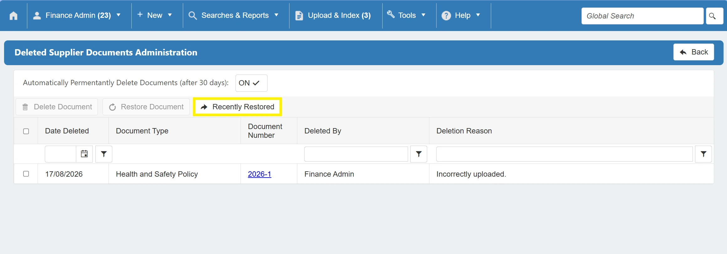 This button brings you to a grid containing any recently restored documents.