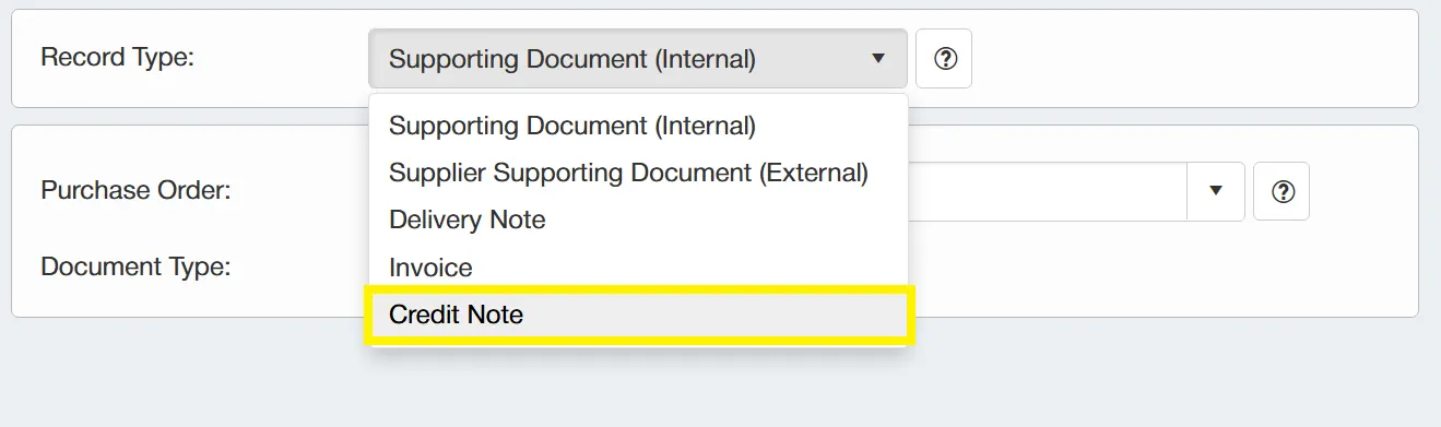 To begin indexing a credit note, change the record type to Credit Note.