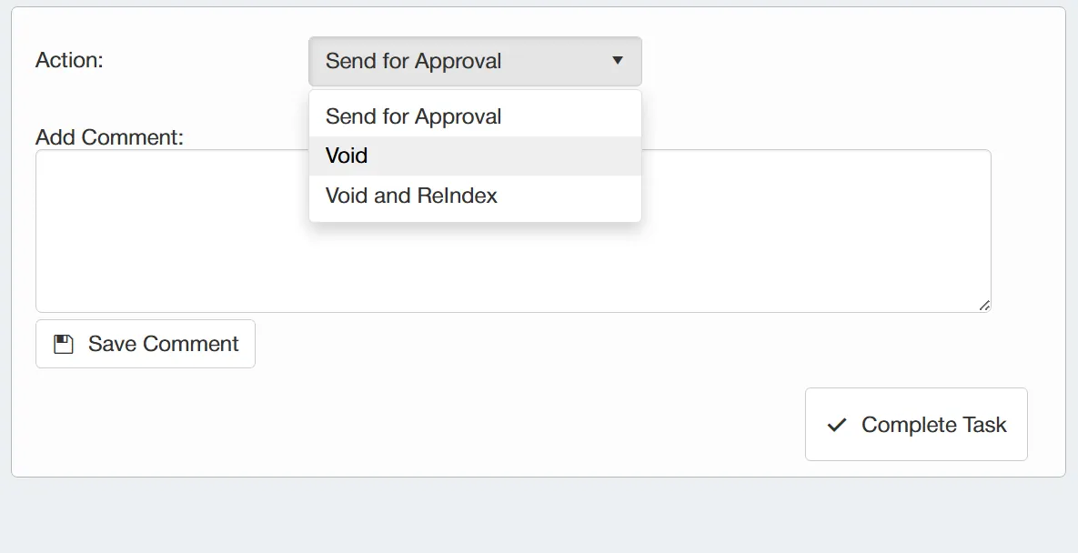The user has the option to send the credit note back for approval, void it or void and re-index it.