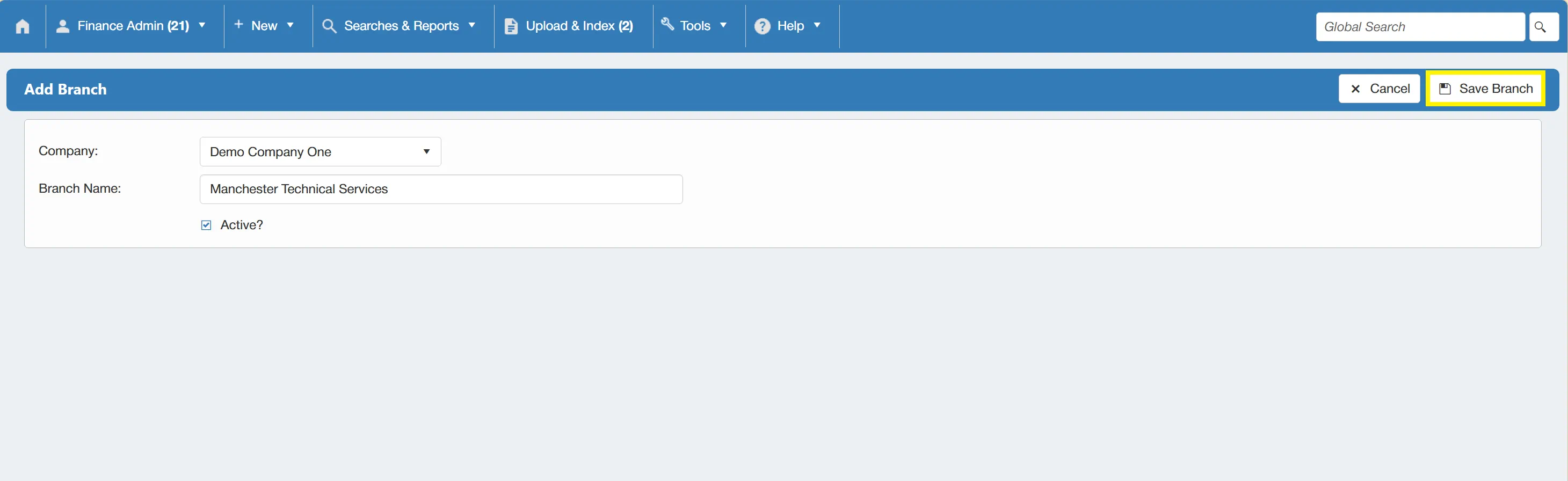 Once the new branch details have been added, select Save Branch to finalise.