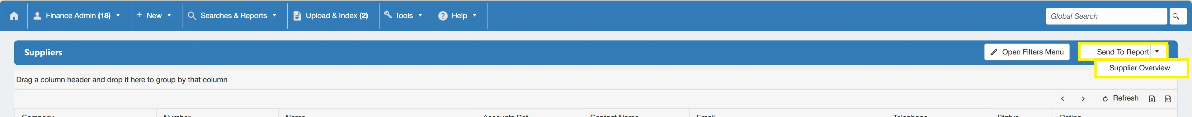 The Supplier Overview button allows users to send the search results to a report.