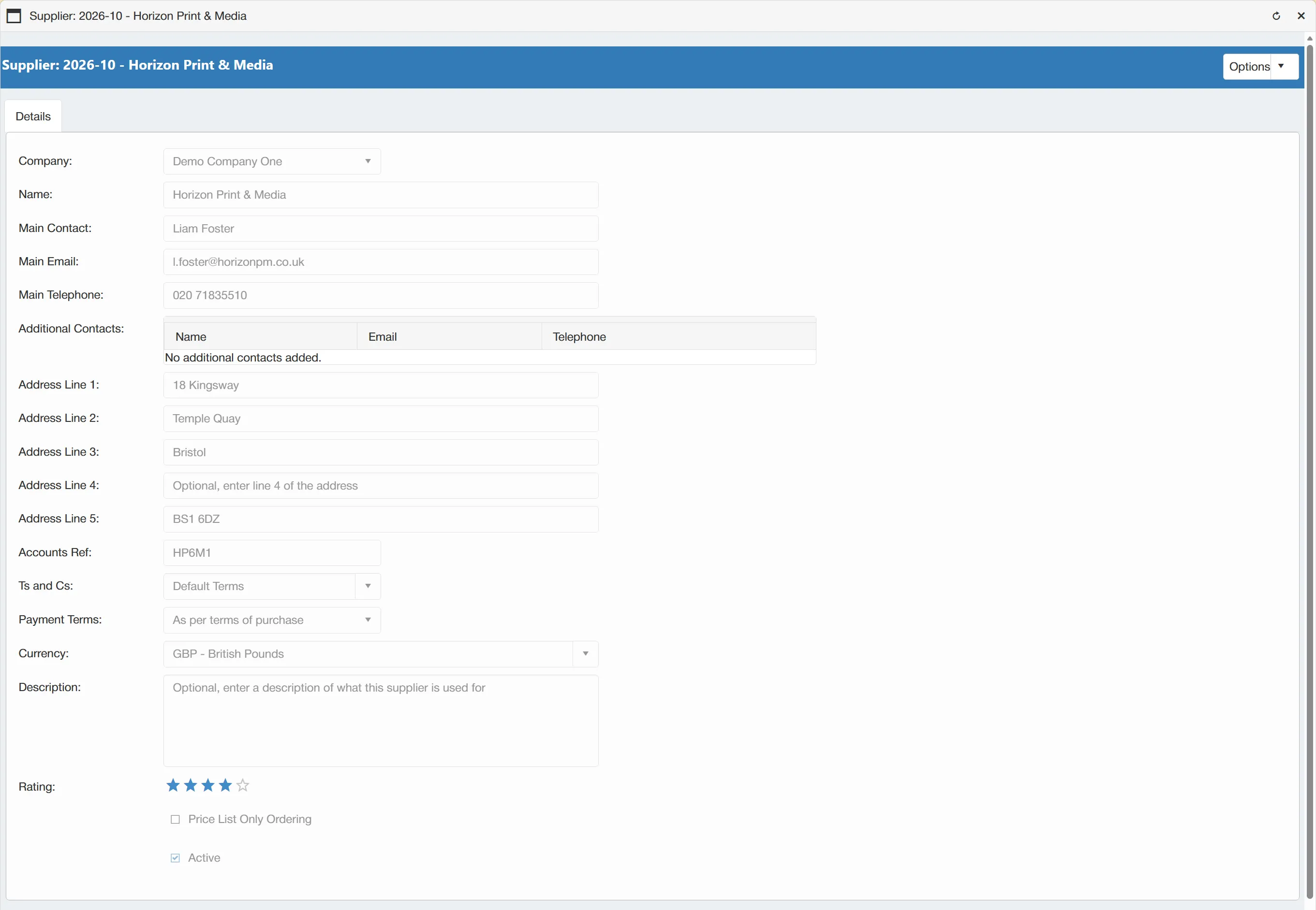 Opening a supplier account displays the details in a new window.