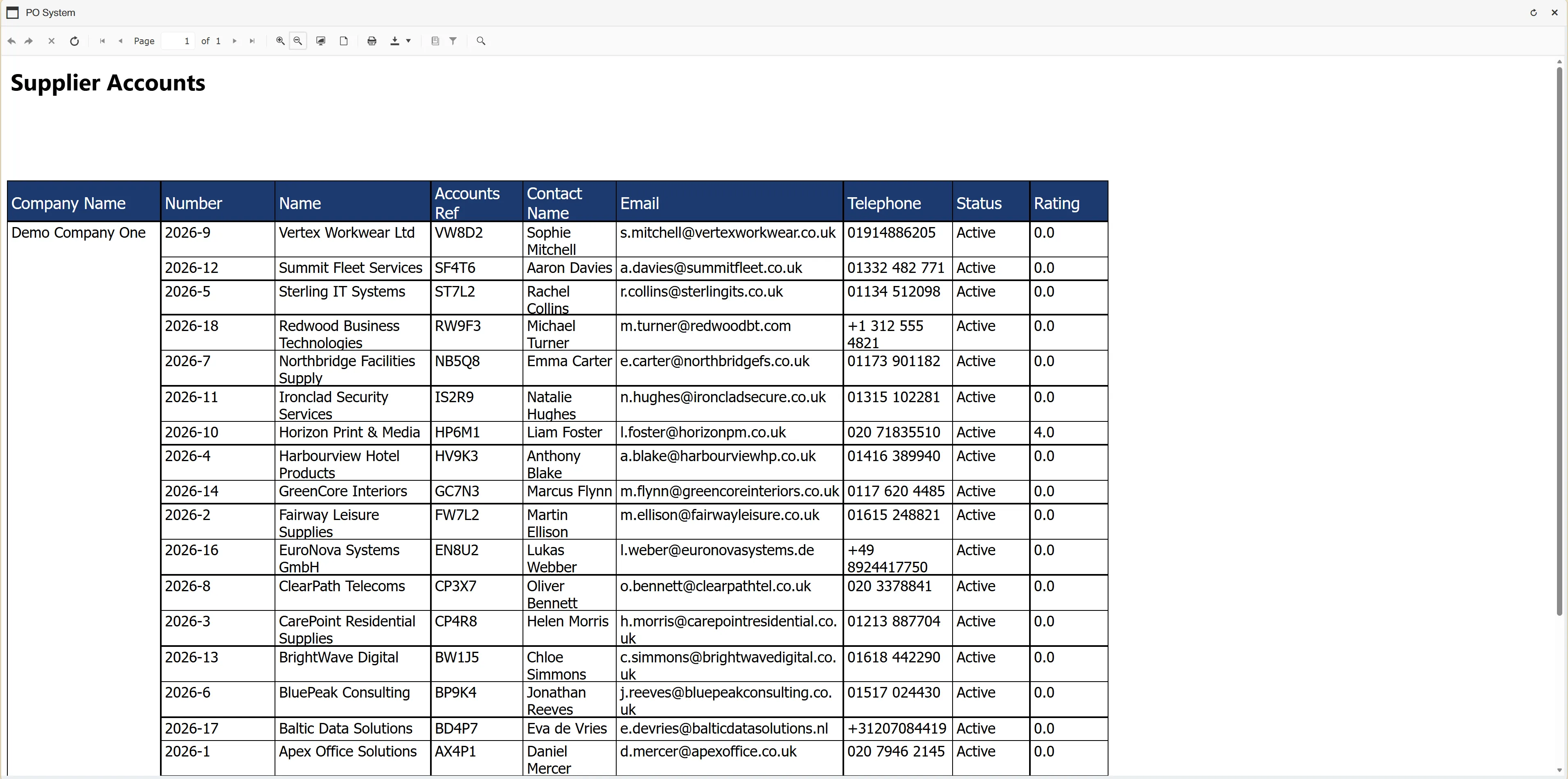 Sending the supplier accounts search results to a report displays them in a clear format.