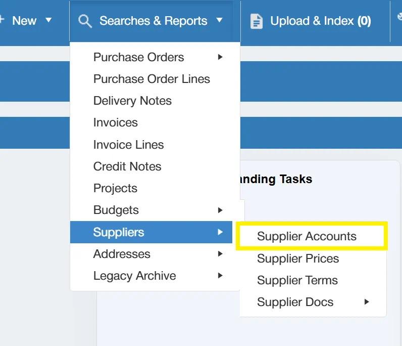 Users can search for supplier accounts within the PO software.