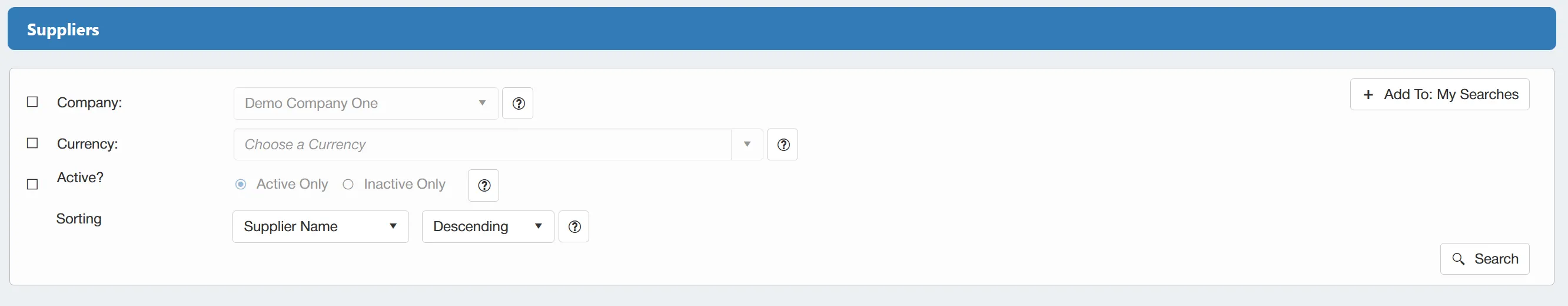Supplier account searches can be filtered using various parameters for more specific results.
