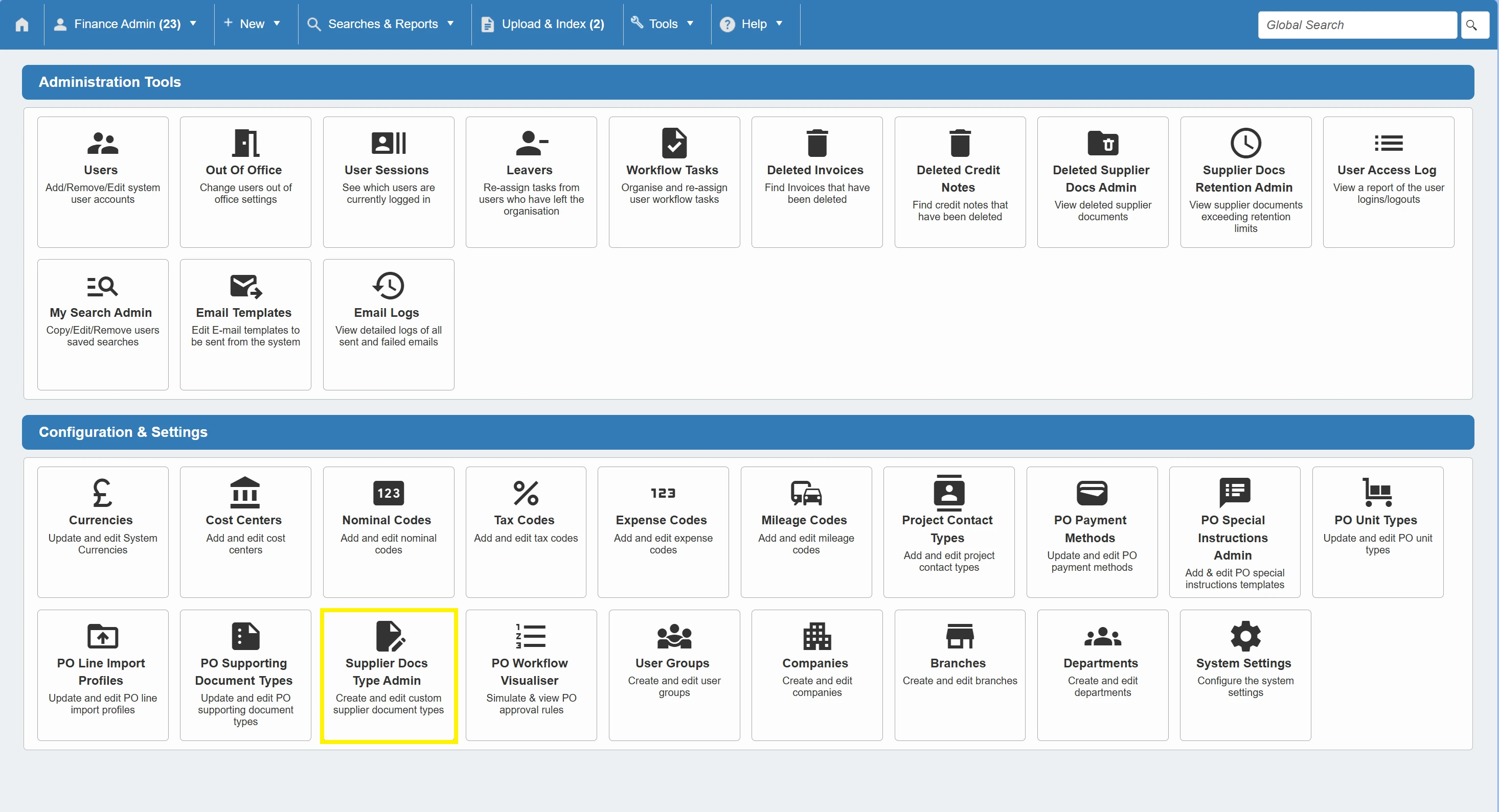 Supplier Docs Types are classes of documents that can be assigned to suppliers.