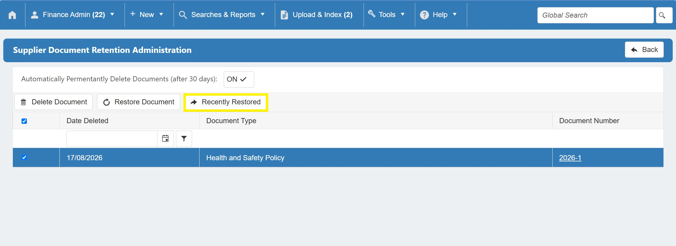 This button brings you to a grid containing any recently restored documents.