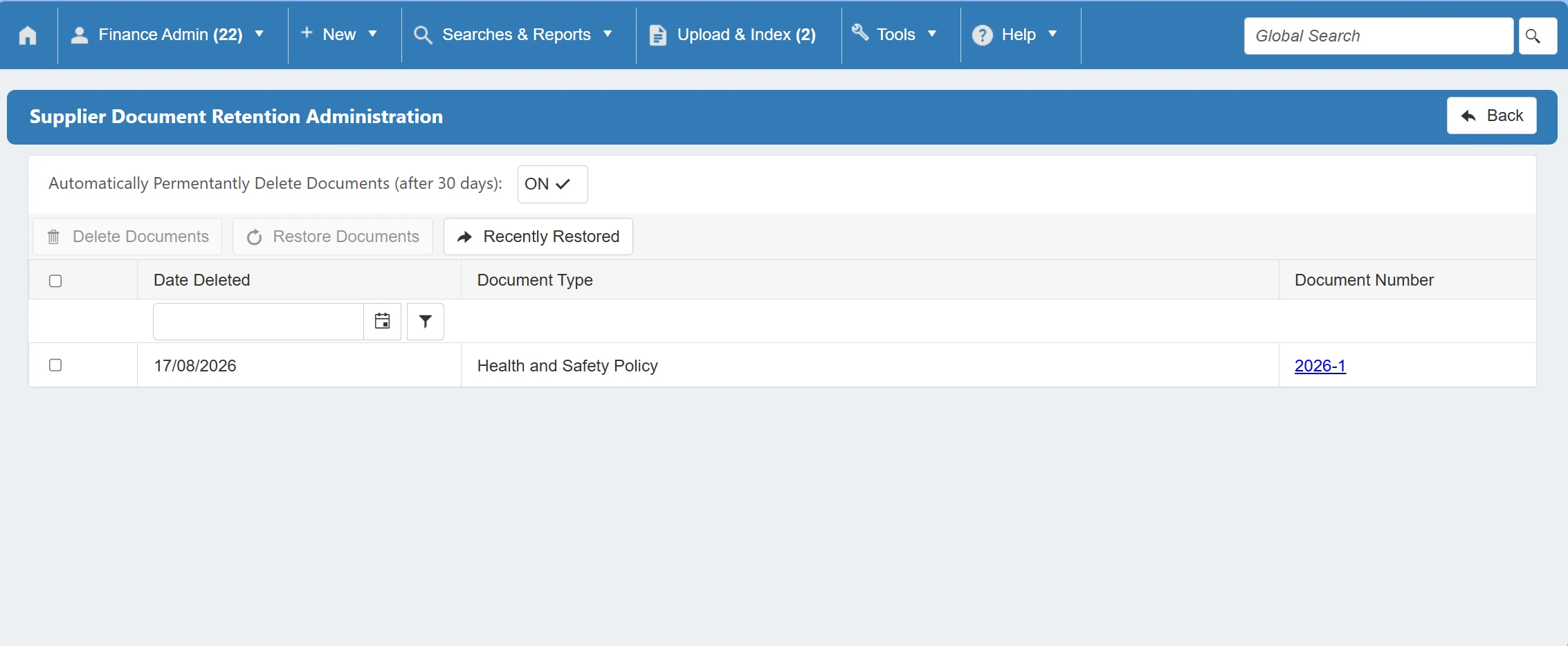 Documents that have exceeded their retention date will appear within this grid.