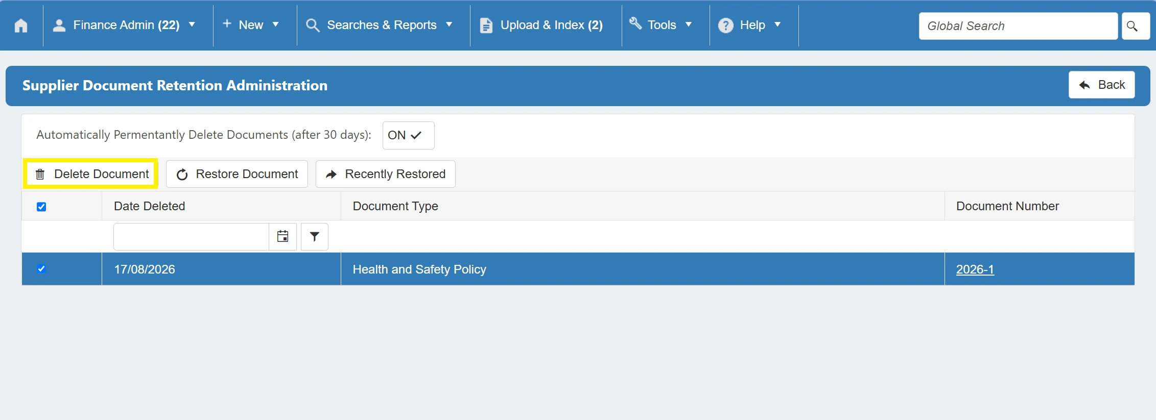 Permanently delete any selected supplier retention documents by clicking the Delete Documents button.