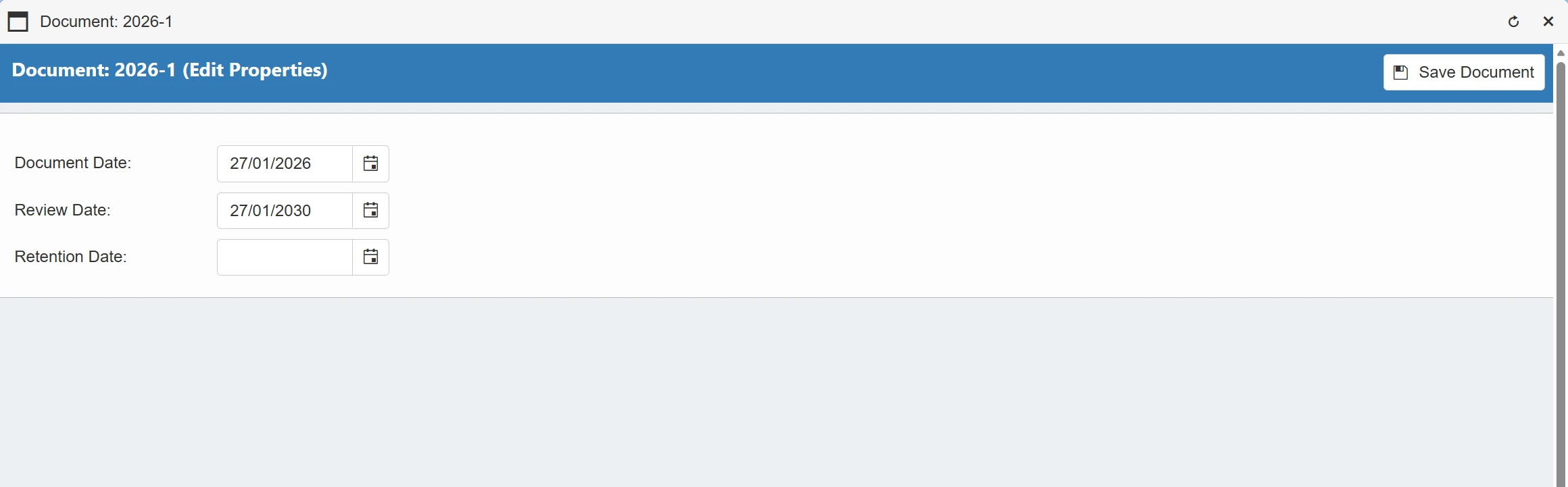 This window displays the relevant properties for the document in an editable state.