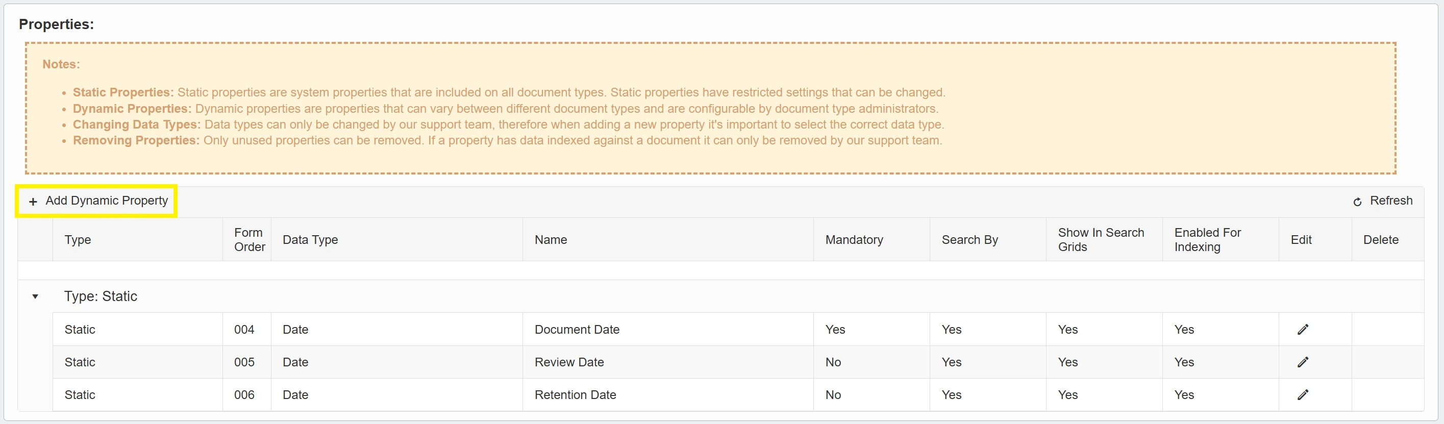 Admin users can add new Dynamic Properties to the document type.